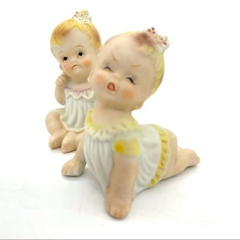 Vintage Porcelain Bisque Piano Baby Dolls Figurine Set Of 2